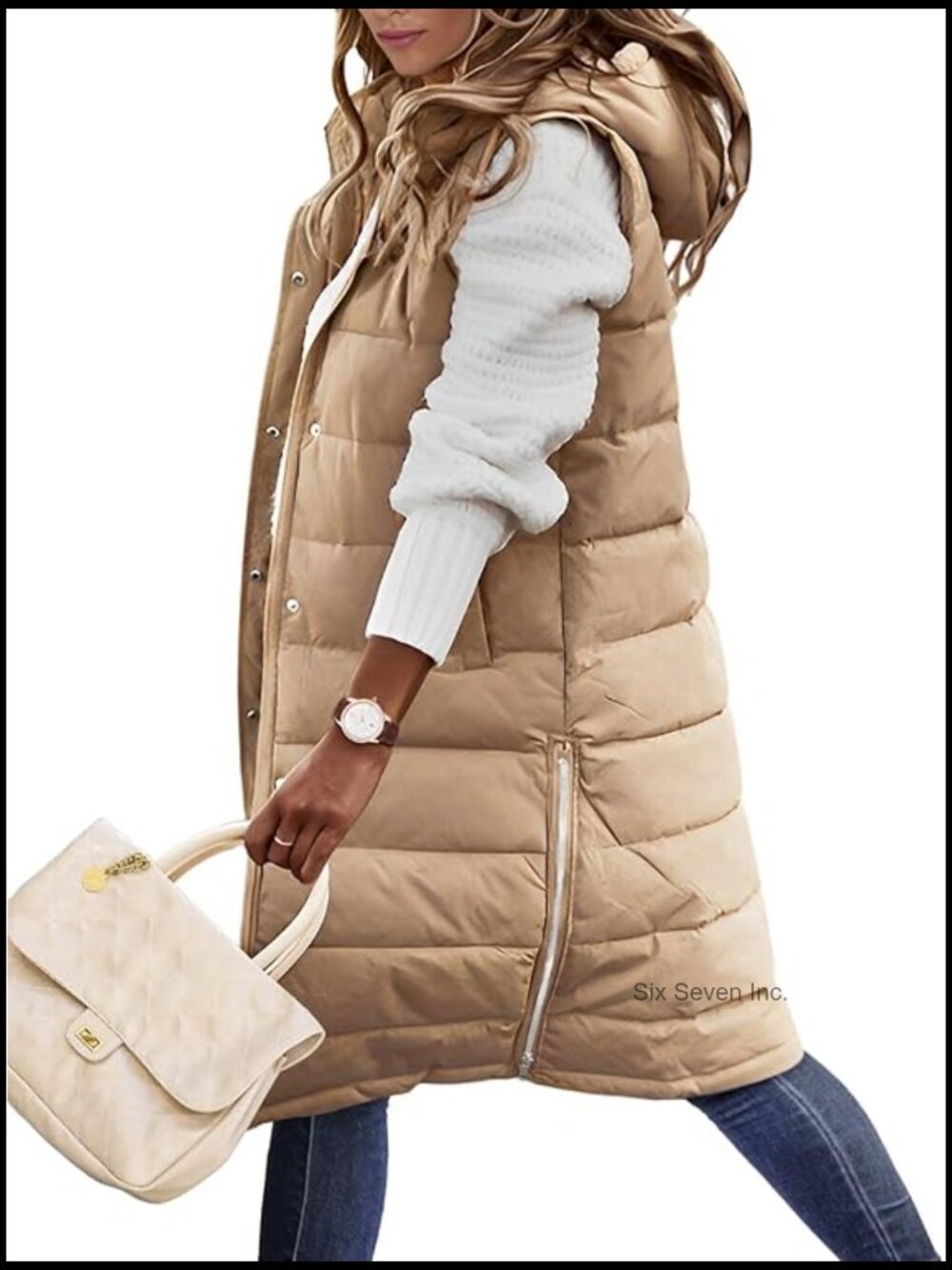 Sleeveless Hooded Long Puffer Vest with Pockets